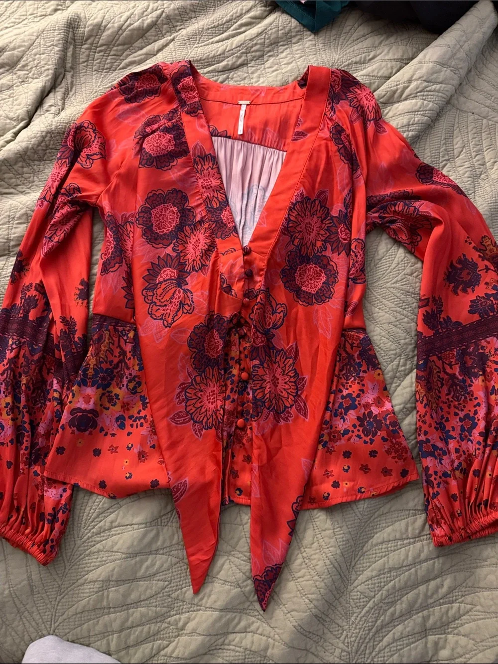 Free People Red Floral Tie-Front Blouse with Purple Print